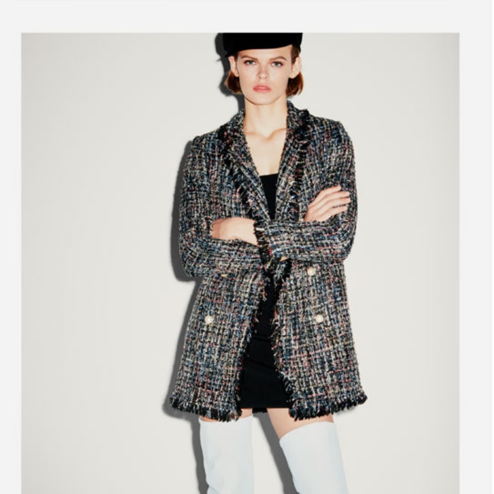 Zara sequins tweed jacket jumbo faux pearl buttons